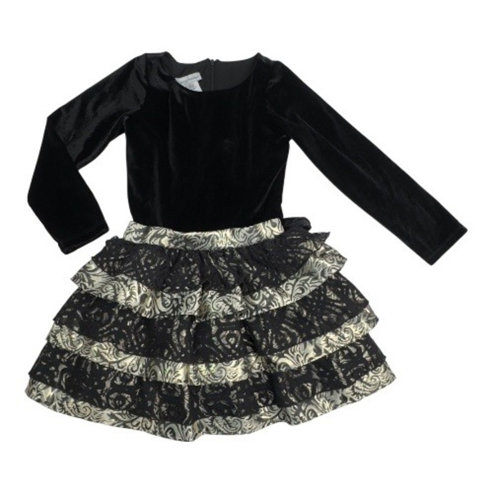 Chasing Fireflies Girls Black Velvet Dress Tiered Lace‎ Party Holiday Size 6